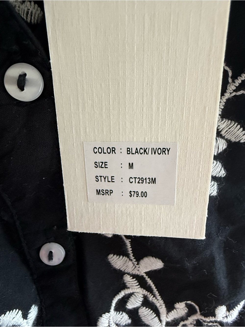 Jennifer & Grace Embroidered Boho Blouse | Black/Ivory | Size M | NWT - Picture 4 of 7